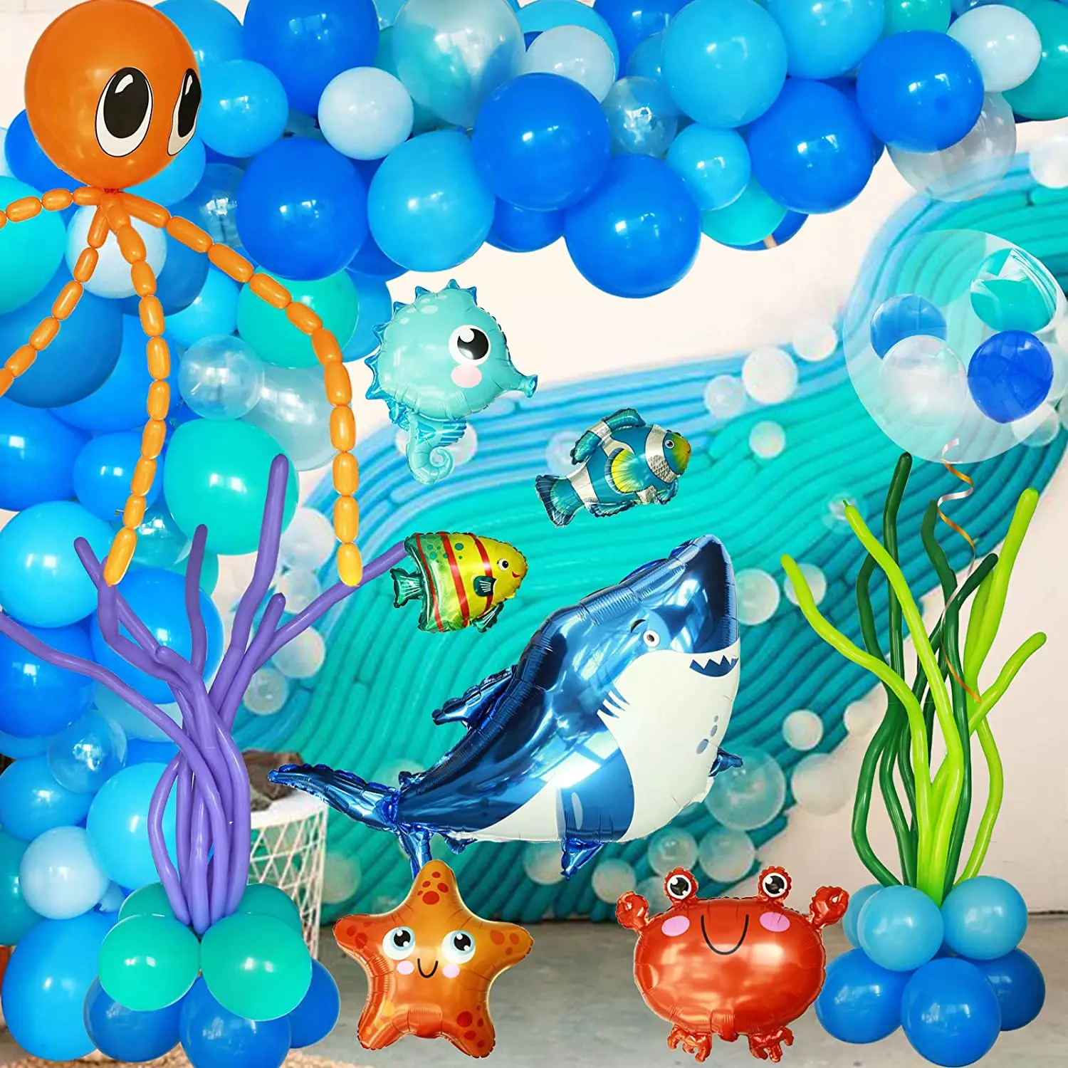 163 Бр Син Балон Венец Арка Комплект За Детски Рожден Ден Украса Подводна Риба-Клоун На Акула Морска Звезда Декорации От Фолио Балон