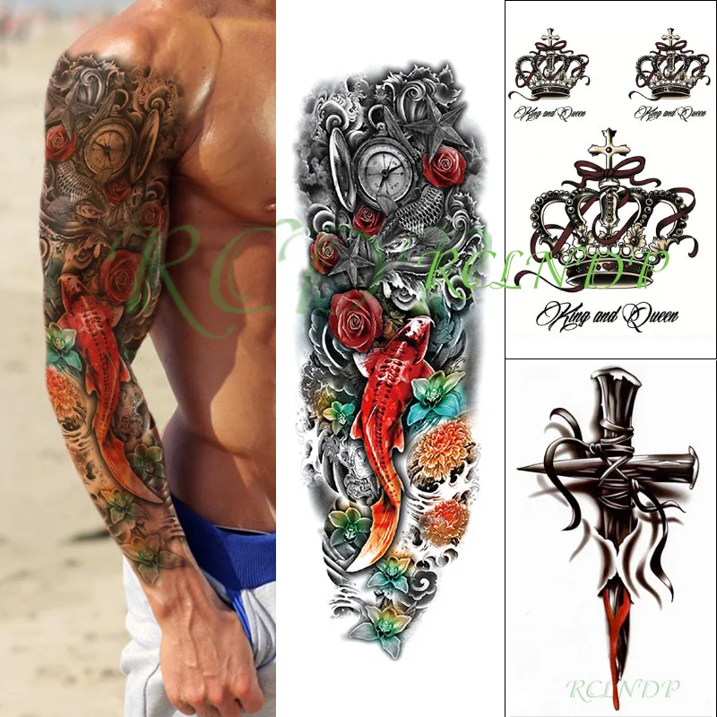 Водоустойчив Временни Татуировки Етикети цветни риби пълен ръкав короната на кръст цвете фалшиви татуировки флаш татуировка на мъжете жените