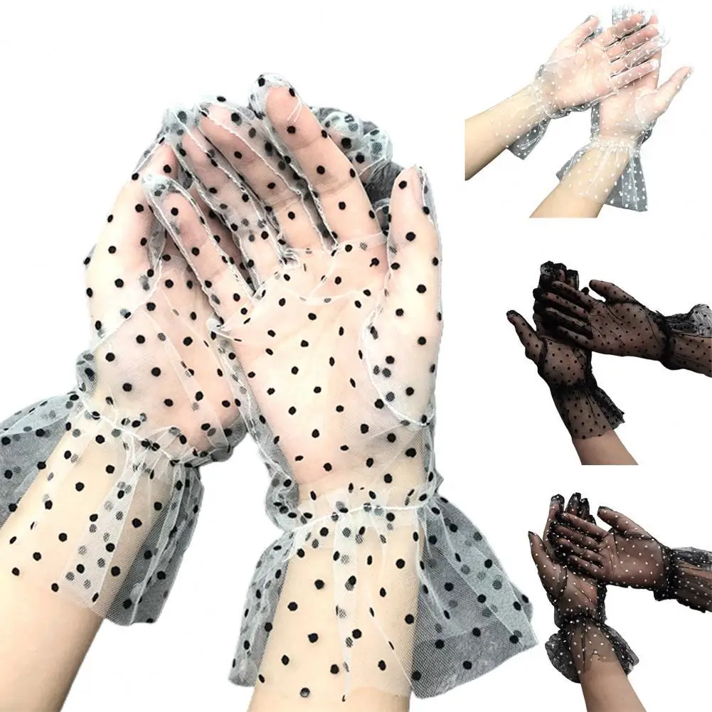 1 чифт прозрачни ръкавици къса тюл с петна в грах черен бял мрежест тюл, дантела дизайн женски сватбени ръкавици танци рокля ръкавици