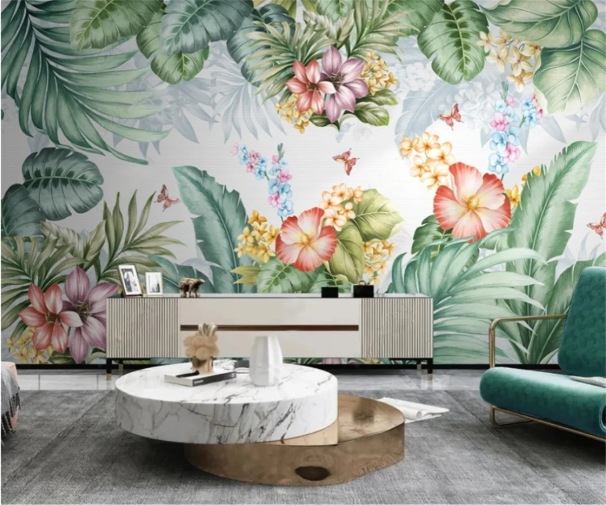 3D тапети за декориране на дома в скандинавски стил, ръчно рисувани тропически растения, цветя и птици, малко прясно телевизор, диван, фон, рисувани стенни