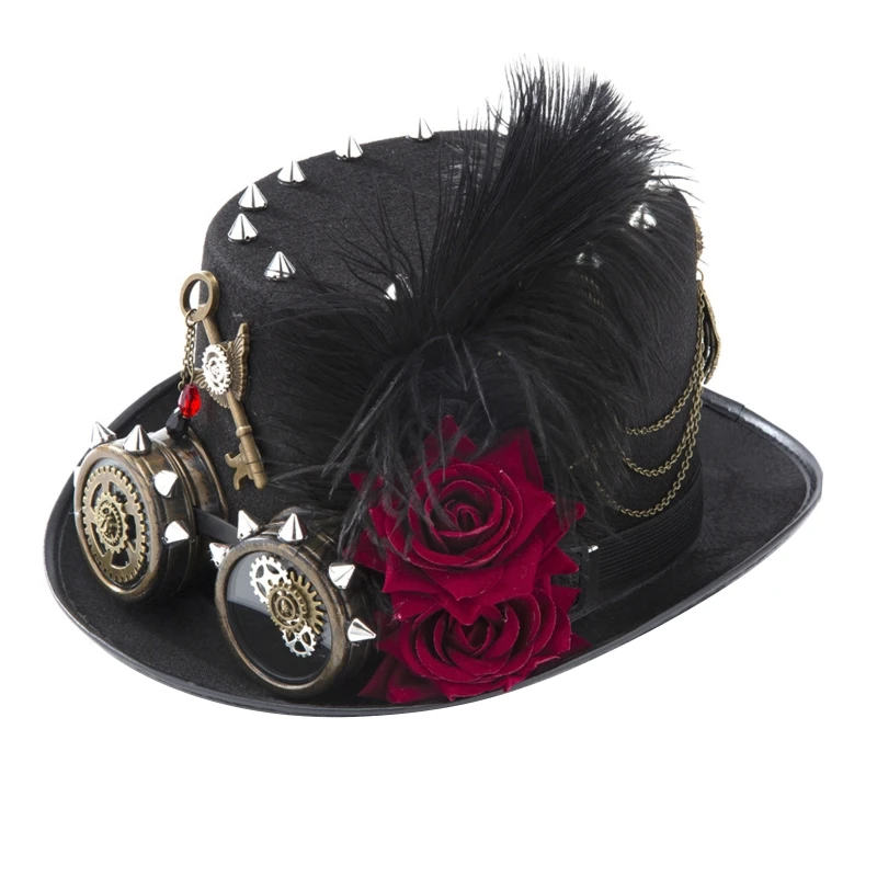 Викторианската фетровая шапка в стил Steampunk с Очила, Роза и писалка, Тъмен Цилиндър за Парти, за Абитуриентски бал, Фетровая шапка