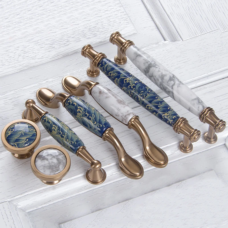 Керамична дръжка и дръжка с ръчно рисувани под формата на Сини Листа, Дръжка на шкафа, дръжка за чекмедже, дръжки на шкафа, сцепление за кабинет