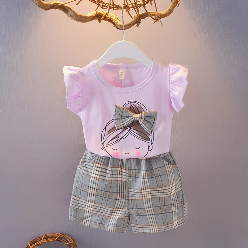 Комплект дрехи за момичета 1, 2, 3, 4, 5 години, годишният памук топ за малки момичета и каре къси панталони, костюм на Принцеса за рожден Ден, Детски дрехи